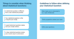 Graphic of things to consider when thinking about statistical questions and guidelines to follow when defining statistical questions. 