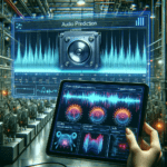 an image for the Audio Prediction section. The scene should depict an industrial setting where AI models, displayed on a monitoring screen,
