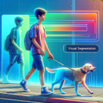 an image for the Visual Segmentation. The visual depict a boy with a dog on the light-blue background, 
