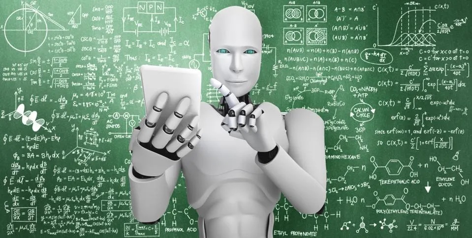 Futuristic robot using a tablet with mathematical equations on a chalkboard background.