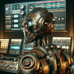 A futuristic robot engaged in audio and video generation. The robot is in a control room with screens and audio equipment. 