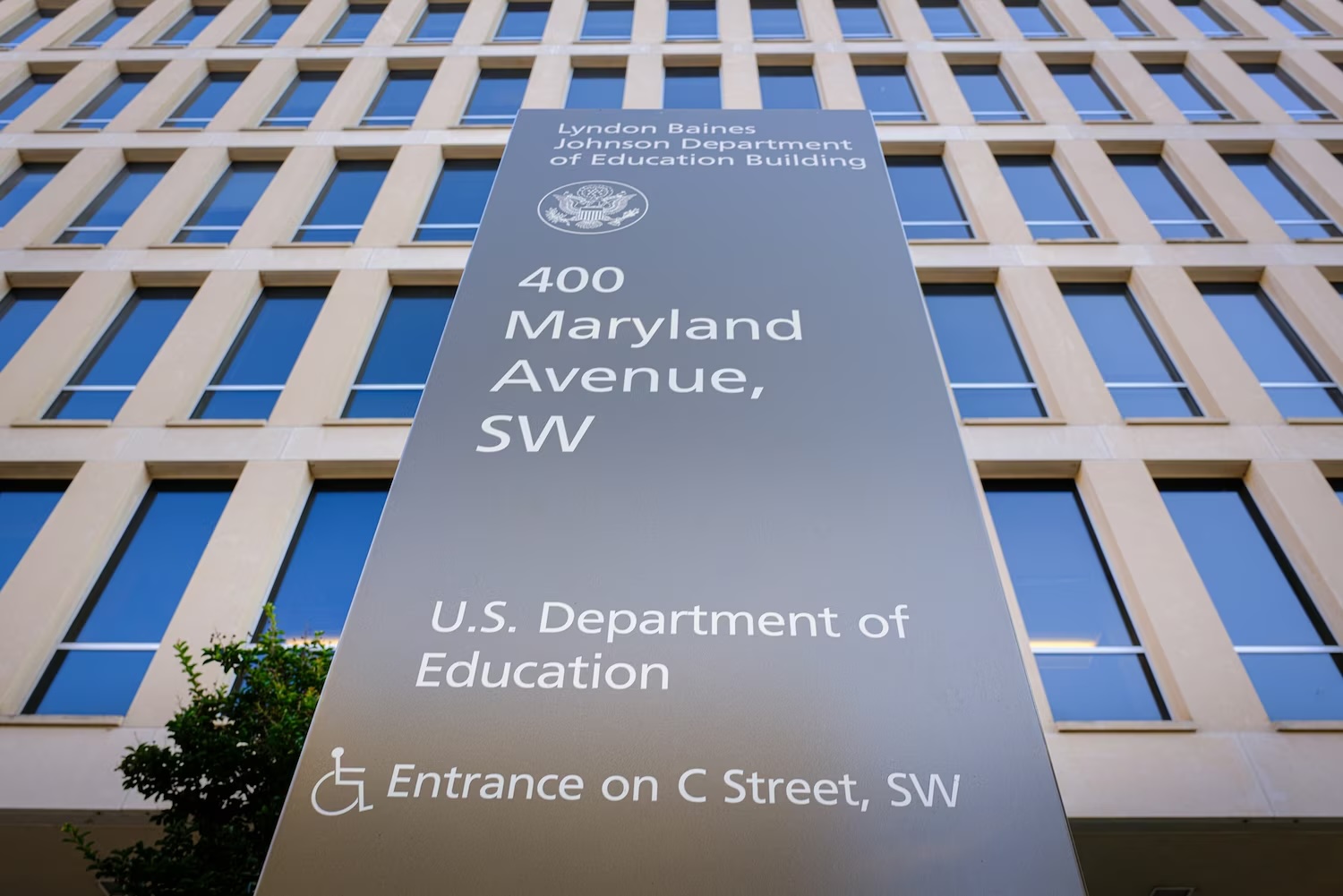 U.S. Department of Education building sign outside.