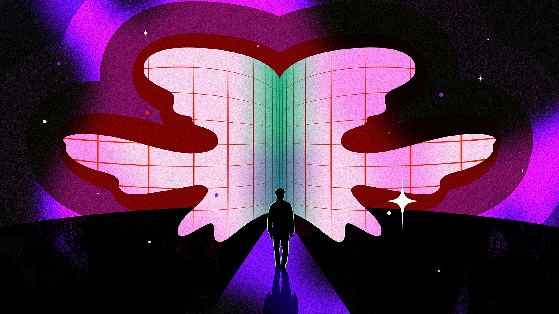 Silhouetted person walking toward a glowing, butterfly-shaped digital portal in a cosmic scene.