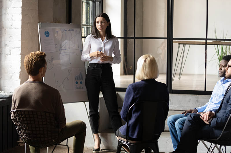 A woman presenting.